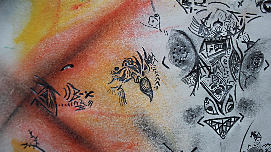 Le Désert des Soupirs Éveillés, dessin au plomb, à l'encre et au pastel de Charles Ostiguy, artiste, médiateur culturel et sonothérapeute