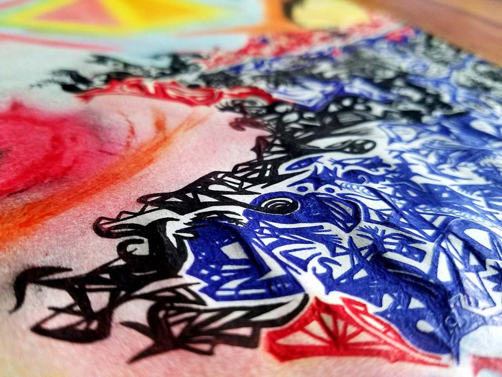 Expression Volcanique, dessin pastel et encre de Charles Ostiguy, artiste visuel quebec