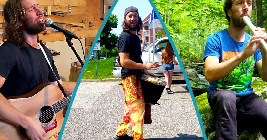 Spectacle de musique avec Sang Cible pour événement et festival : guitare, chanson, djembé et flûte à Saint-Jacques-de-Leeds, Québec