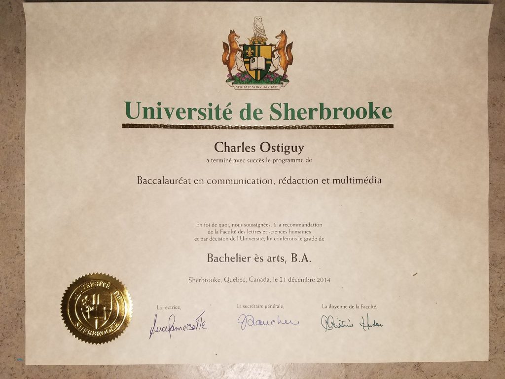 Formation en communication, rédaction et multimédia de Charles Ostiguy à l'Université de Sherbrooke.
